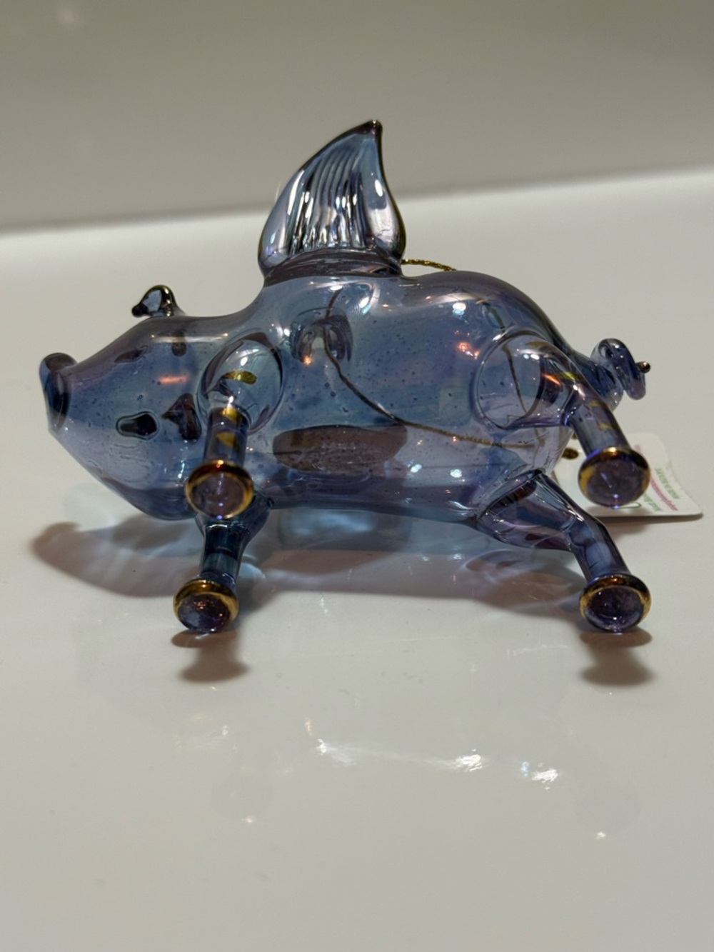 Purple Glass Hand Blown Flying Pig With Wings Ornament 10k Gold Accents Egypt - Picture 4 of 4